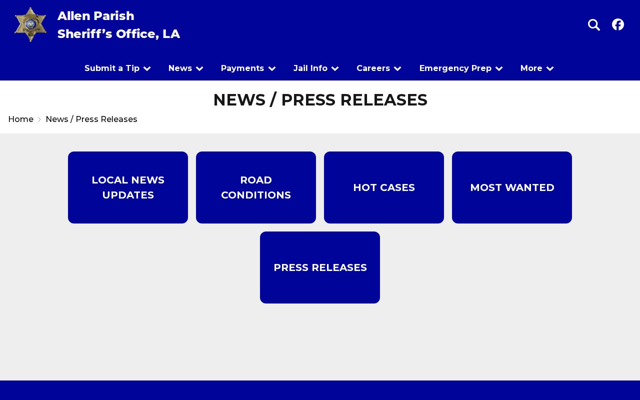 Allen Parish sheriff news hub tabs including Most Wanted and press releases for warrant records