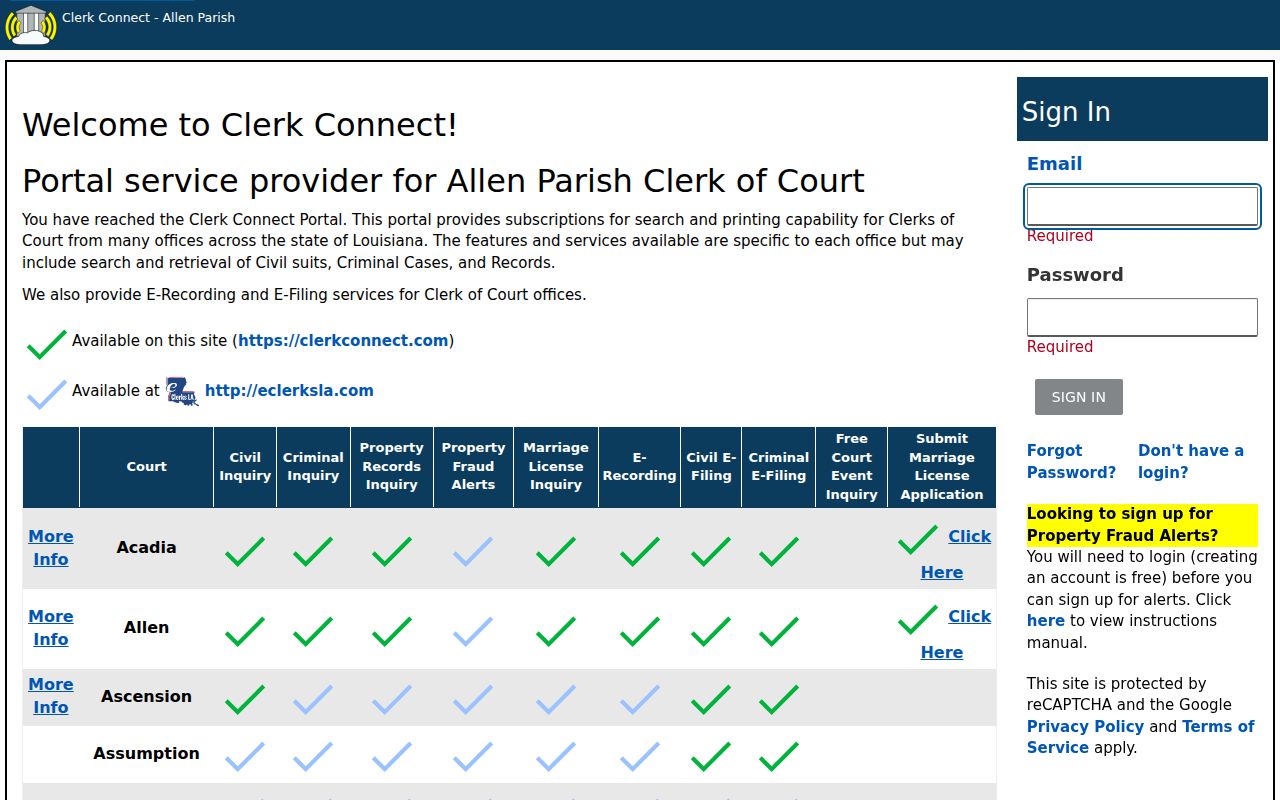 Allen Parish Clerk Connect criminal inquiry page for warrant record checks