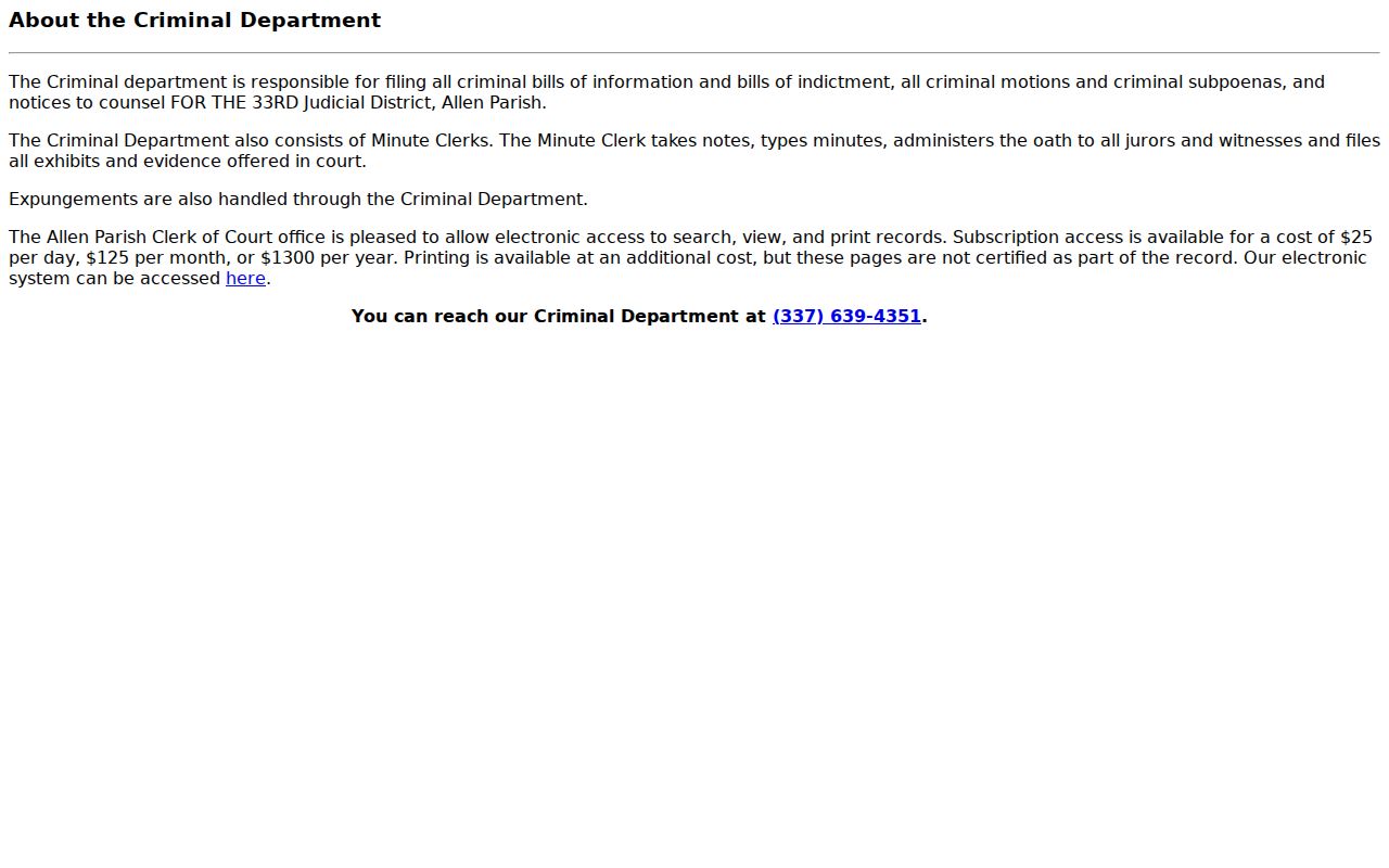 Allen Parish Clerk criminal department duties for warrant and case records