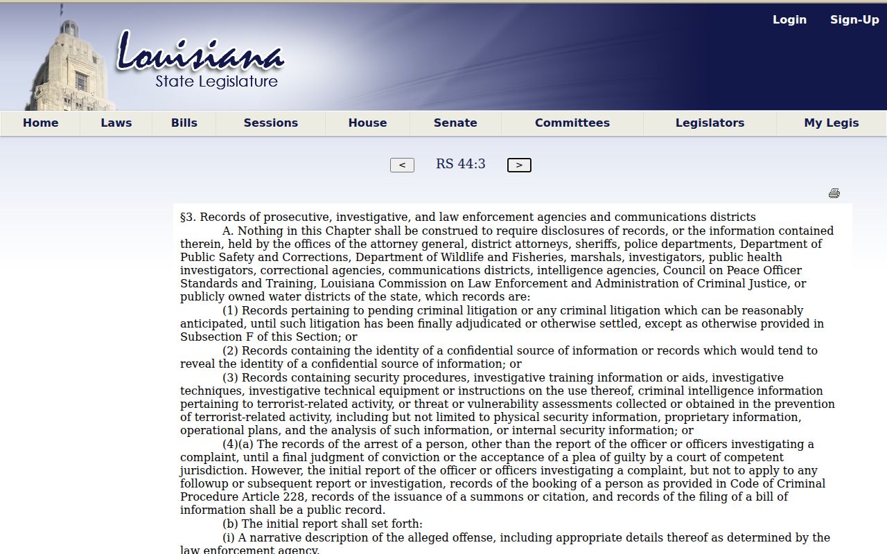 Louisiana public records exceptions page used for Allen Parish warrant record requests