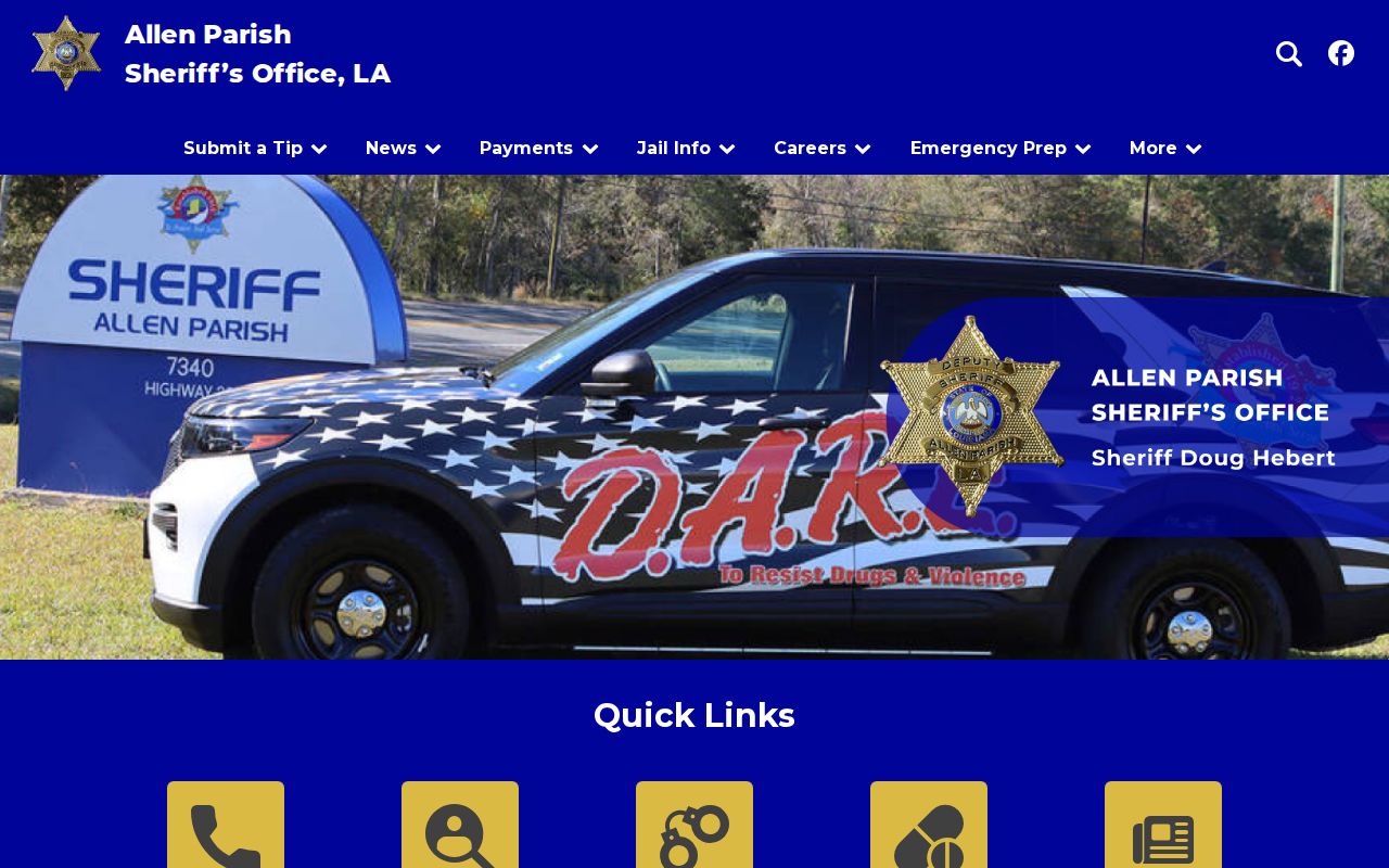 Allen Parish Sheriff's Office homepage navigation for warrant records, the jail roster and Most Wanted