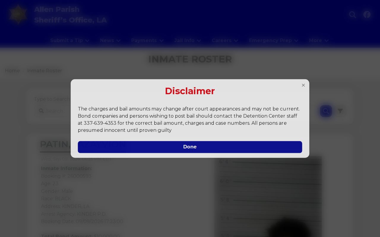 Allen Parish Sheriff jail roster search used for active warrant checks